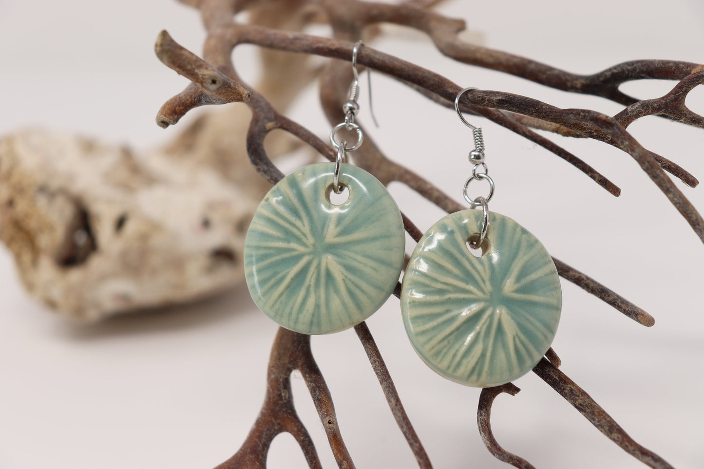 Aqua Coral Earrings with Handmade Ceramic Pendants