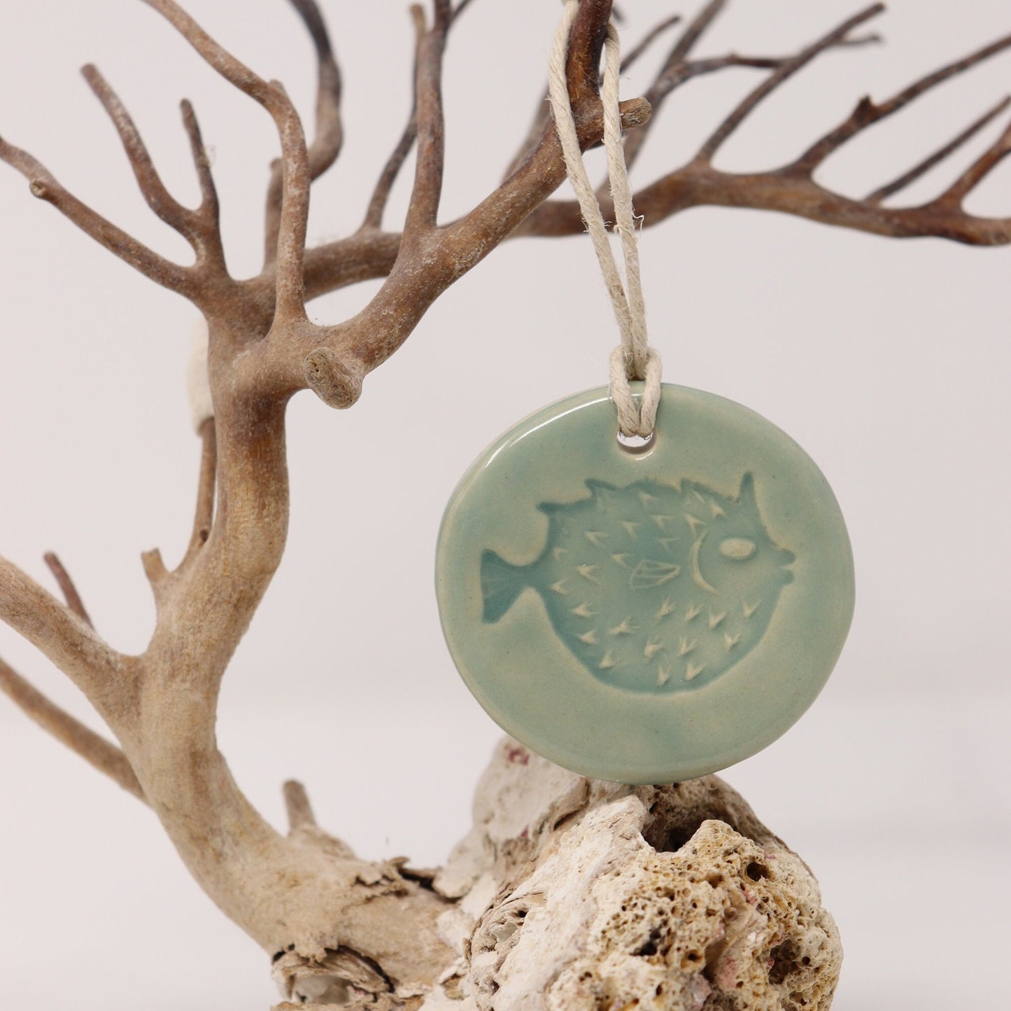 "Inhale" Aqua Pufferfish Handmade Ceramic Ornament