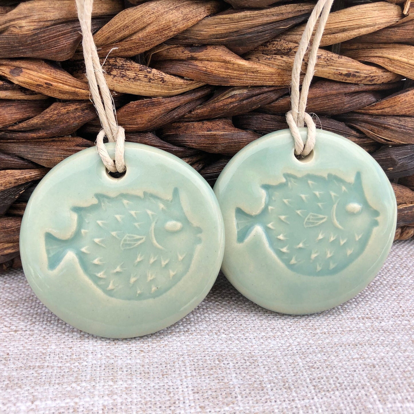 "Inhale" Aqua Pufferfish Handmade Ceramic Ornament