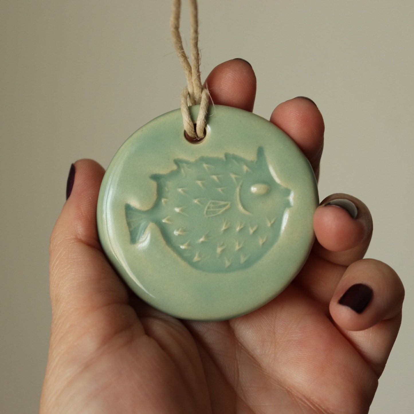 "Inhale" Aqua Pufferfish Handmade Ceramic Ornament