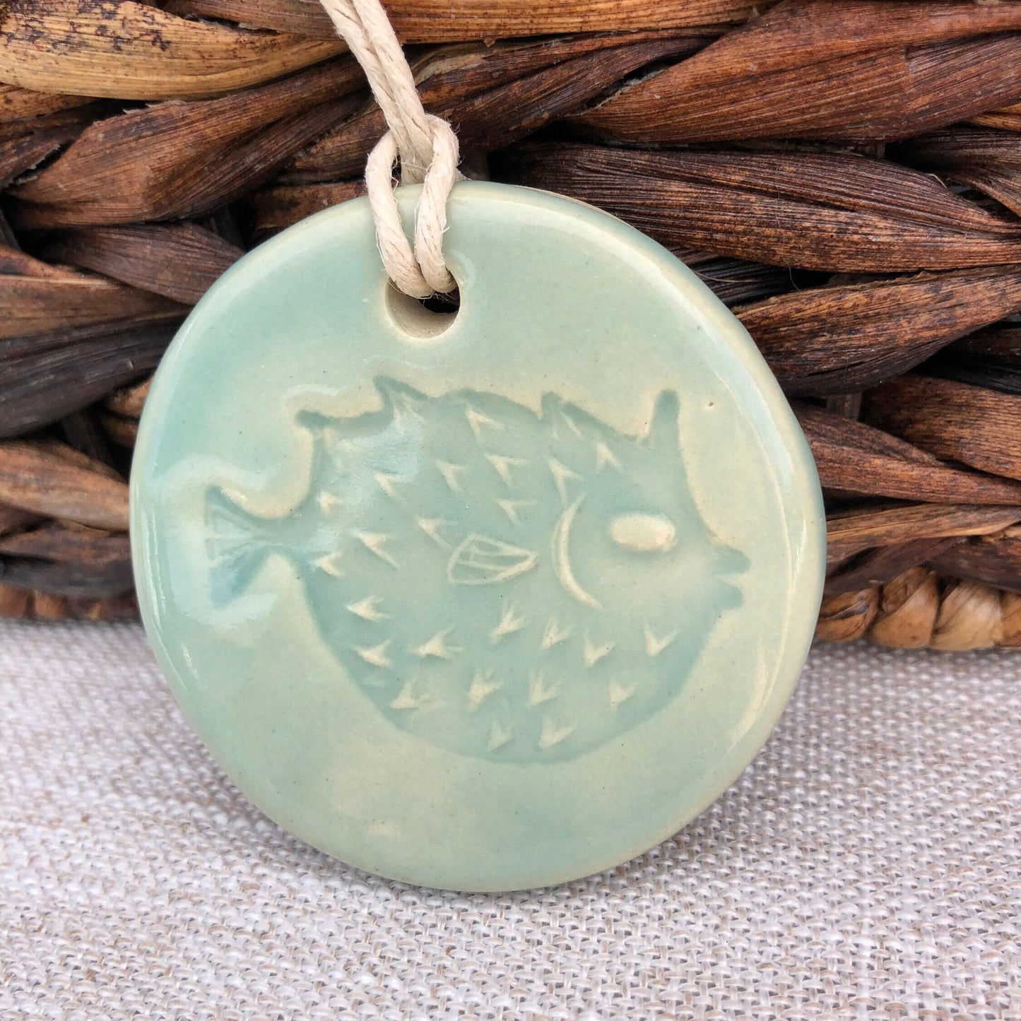"Inhale" Aqua Pufferfish Handmade Ceramic Ornament
