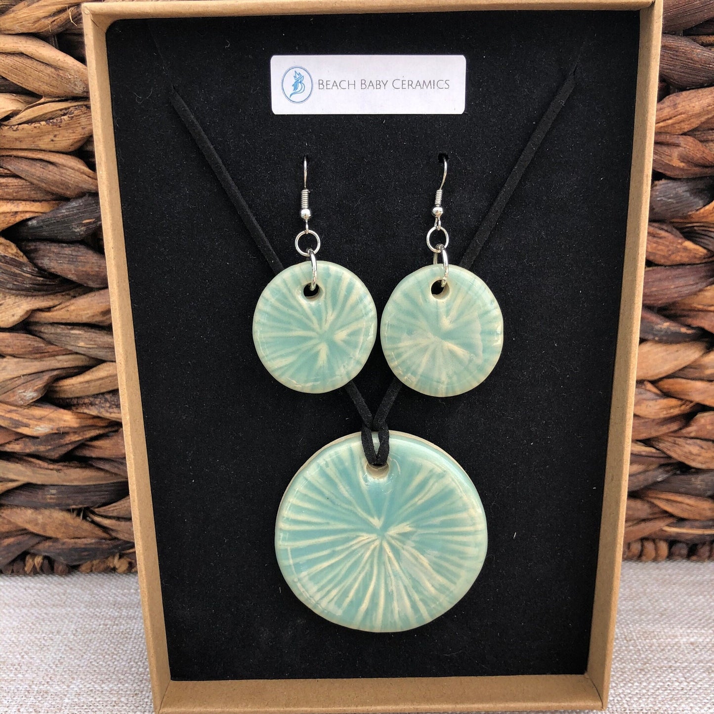 Aqua Coral Design Handmade Ceramic Necklace and Earrings Jewelry Set