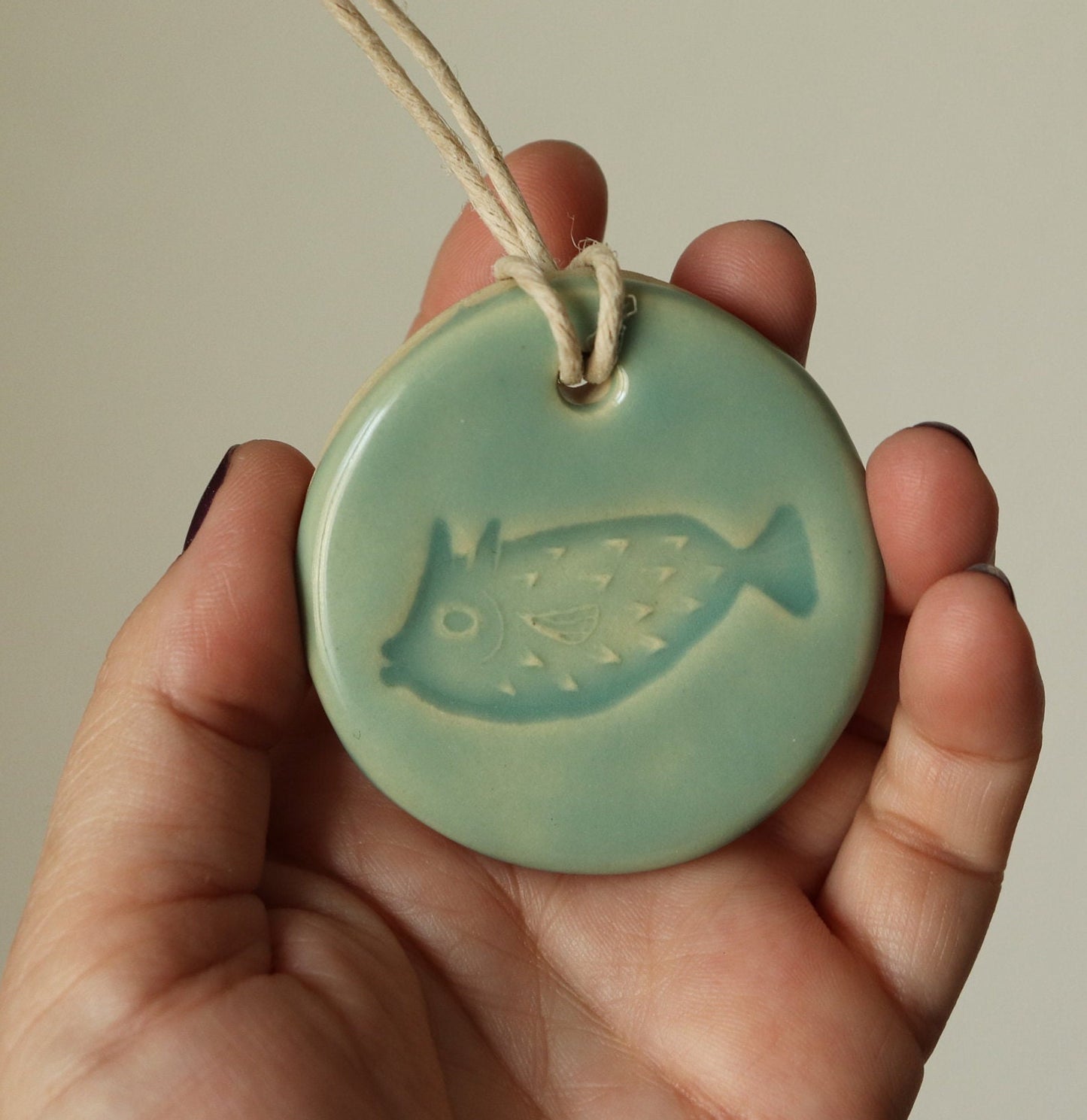 "Exhale" Aqua Pufferfish Handmade Ceramic Ornament