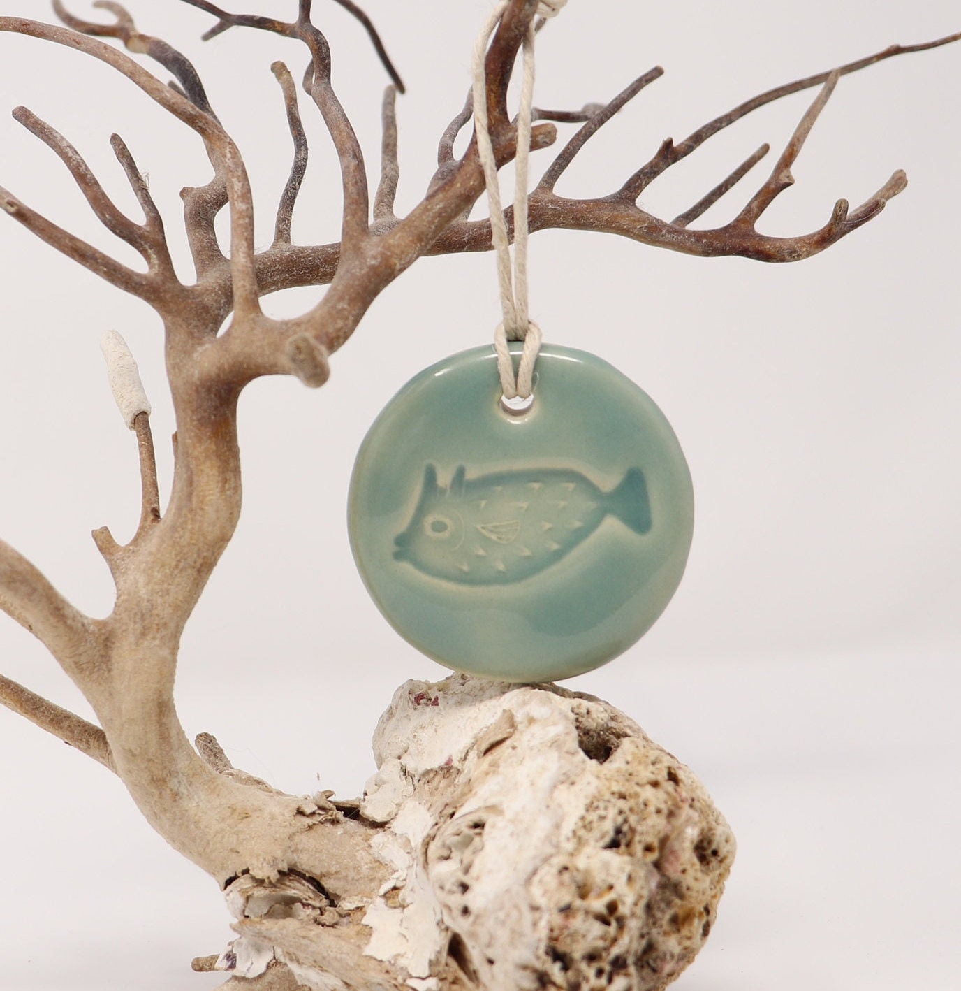 "Exhale" Aqua Pufferfish Handmade Ceramic Ornament