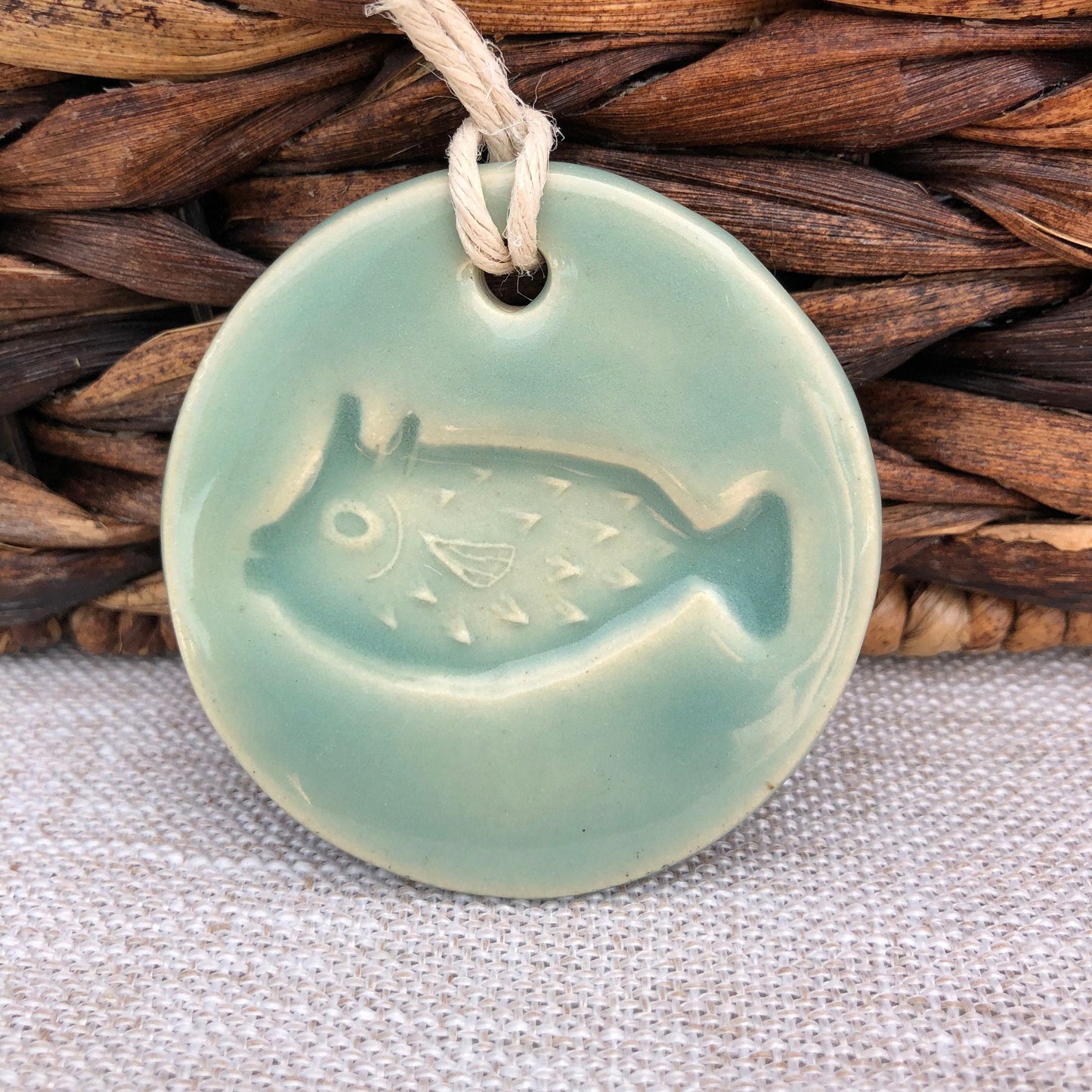 "Exhale" Aqua Pufferfish Handmade Ceramic Ornament