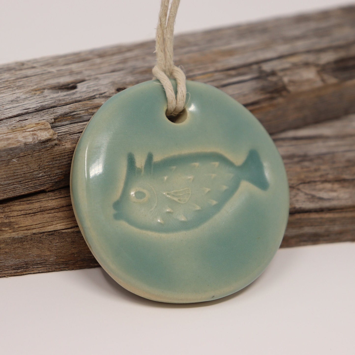 "Exhale" Aqua Pufferfish Handmade Ceramic Ornament